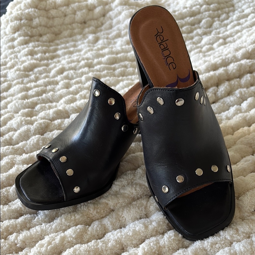 Black Leather Studded Mules with Open Toe